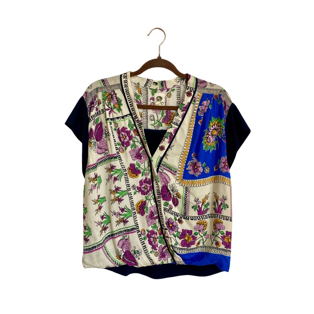Anthropologie TINY Floral Mixed Scarf Print Faux Wrap Top‎ Boho Silk Look Blouse